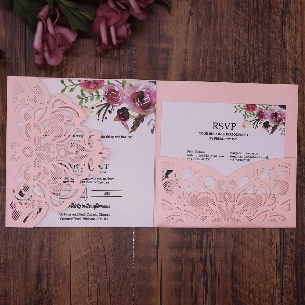 10pcs/pack Lace Laser Cut Wedding Invitation Card Cover Square Shinny Pearl Paper Carved Invitation - 33019991552