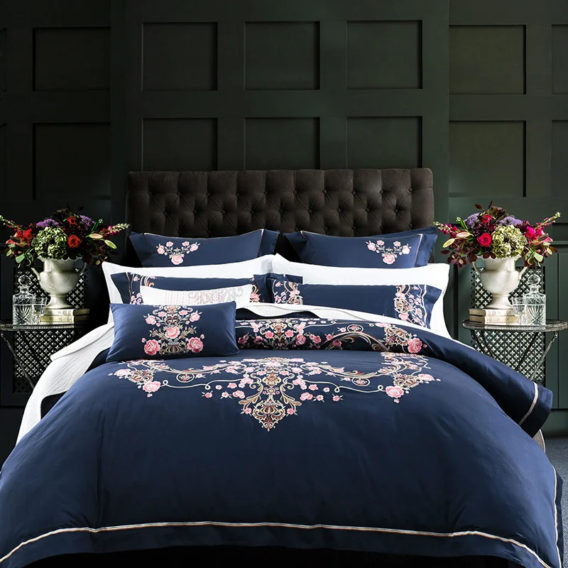 100 Cotton Bedding Set King Size 4 6pc Navy Blue Bed Covers