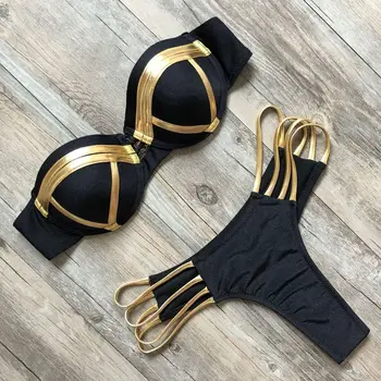 

Women Bandeau Bikini Set Strapless Swimwear Push-Up Thong Bikini Patchwork Swimsuit Bathingsuit