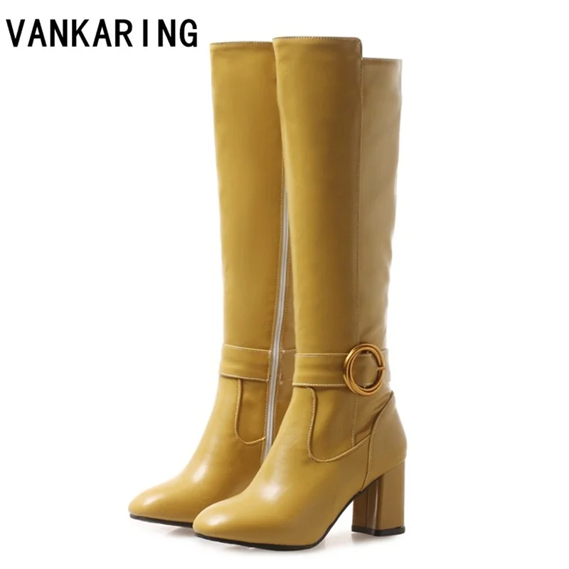 

fashion side zip buckle PU leather knee high riding boots for women platform high heel all matched autumn winter warm snow boots