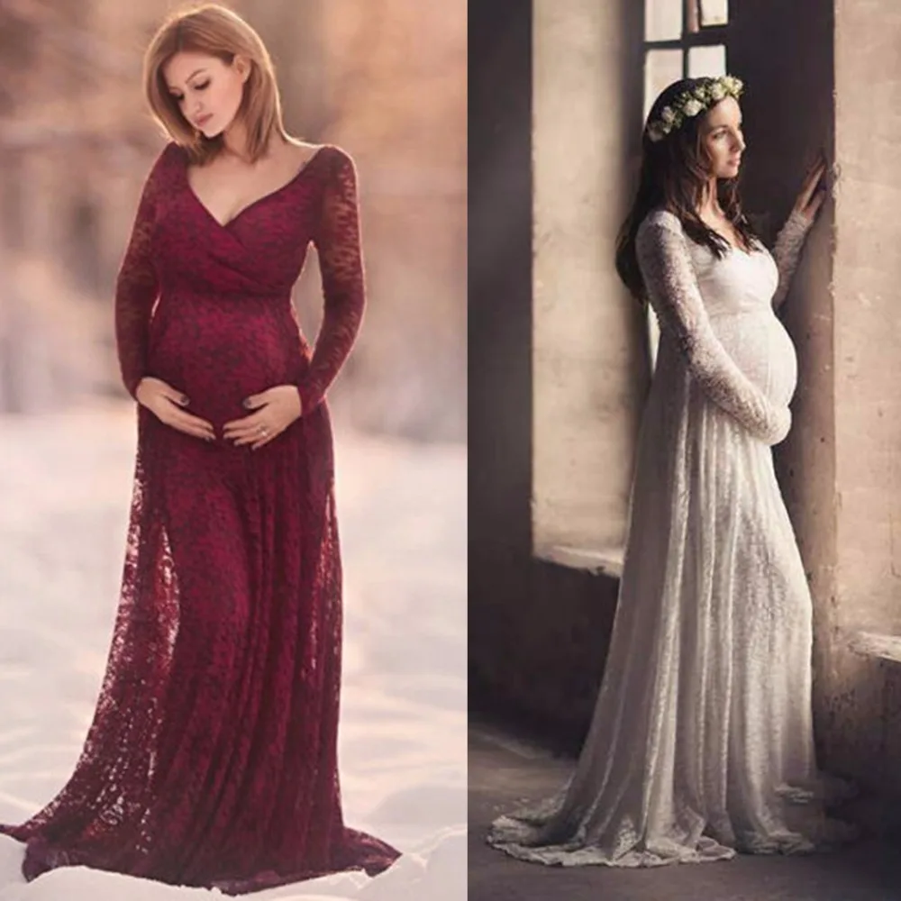 Кружевное платье для беременных фотография Опора v-образным вырезом праздничные платья с длинными рукавами Свадебные платья для беременных для фото ткани плюс