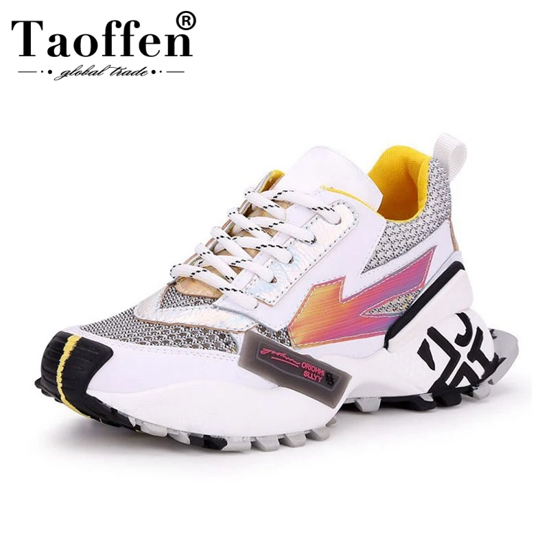 

Taoffen Bling Fashion Sneakers Women Real Leather Mesh Breathable Platform Casual Shoes Comfort Mujer Footwear Size 35-40
