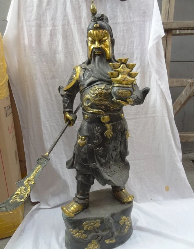 

USPS to USA S1337 32" Chinese Bronze Gilt Dragon Head Warrior YuanBao GuanGong GuanYu God Statue B0401