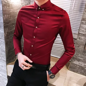 

2018 new men's shirt solid color casual long-sleeved shirt Slim personality business men's shirt wedding dress bottoming shirt