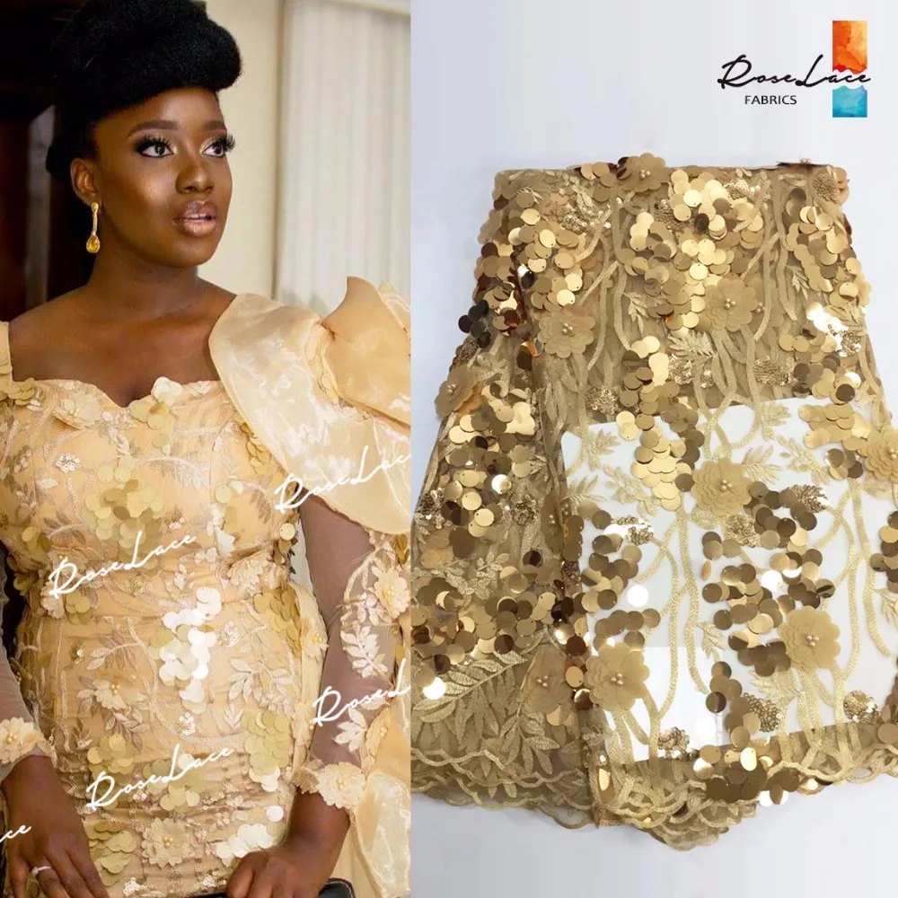 

Super New Design !! Big Sequins Net Lace Fabric With 3D Flower And Beads African Nigerian Embroidery Golden Bride Mesh Material