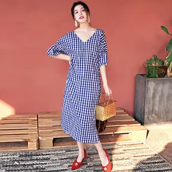 

2019 Women's Fashion Dress Sexy V-Neck Backless Loose Dress Half Sleeve Blue Plaid Ladies Casual Long Tops Sundress Vestidos