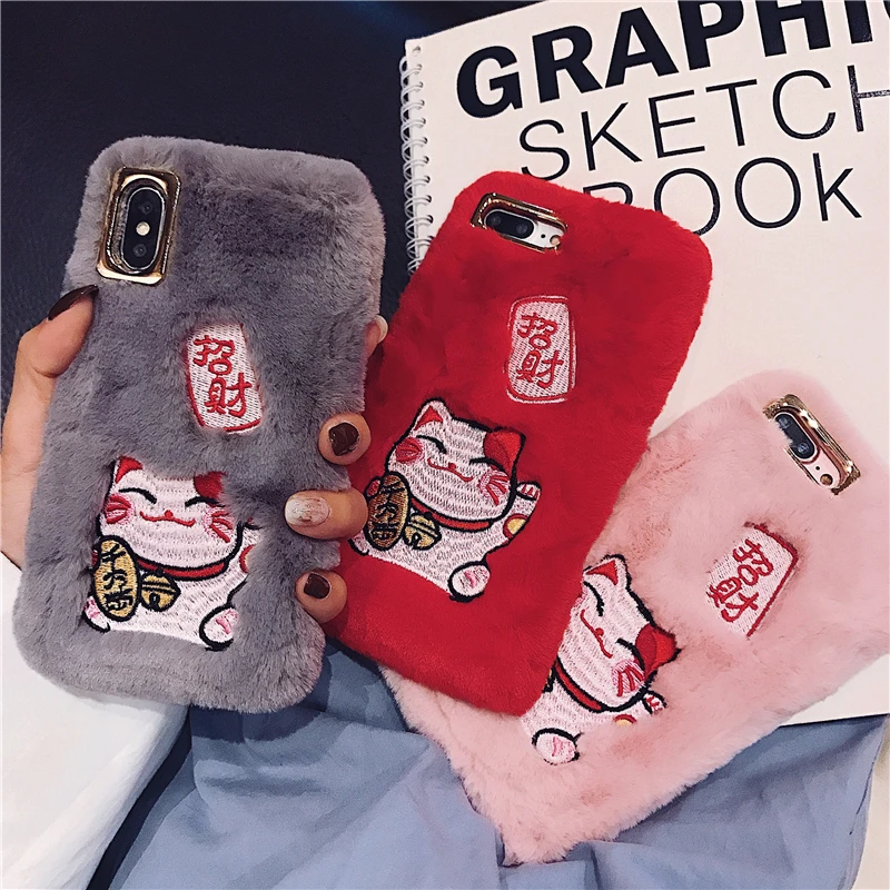 

Fashion Warm Cute Chinese Style Fluffy Plush Case For iPhone X XS Max XR 8 7 6 6s Plus Embroidery Lucky Cat Silicon Cover Shell