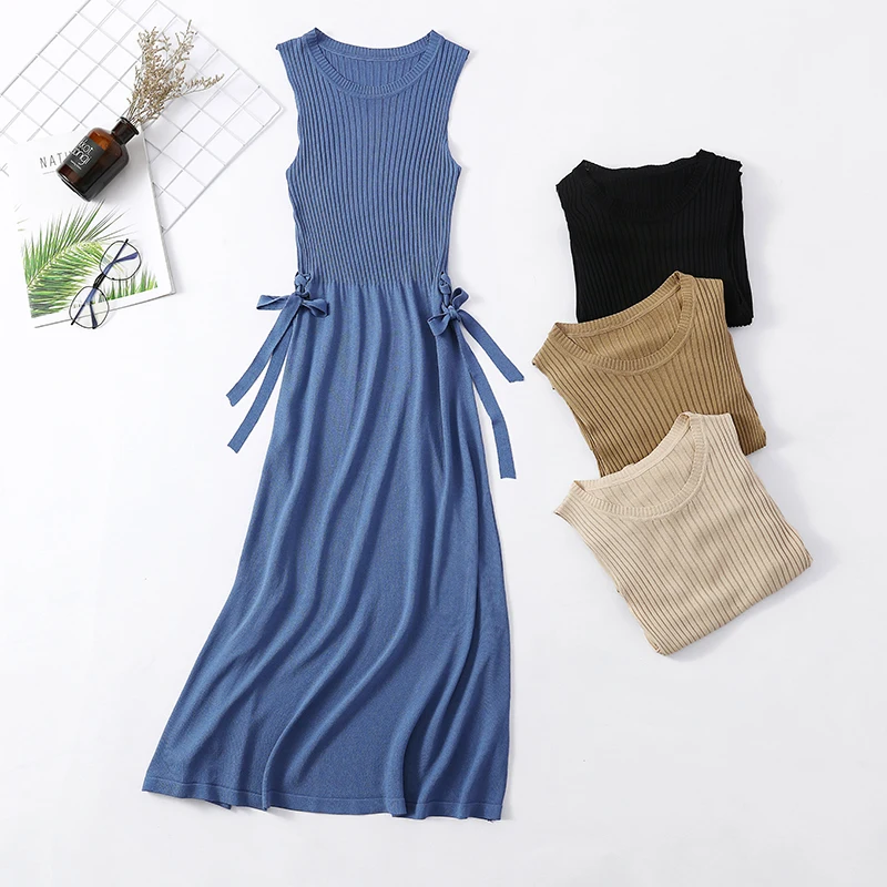 

Summer knit women long dress slim bodycon sexy sleeveless dresses o neck soft tank dress knitted party fashion casual maxi dress