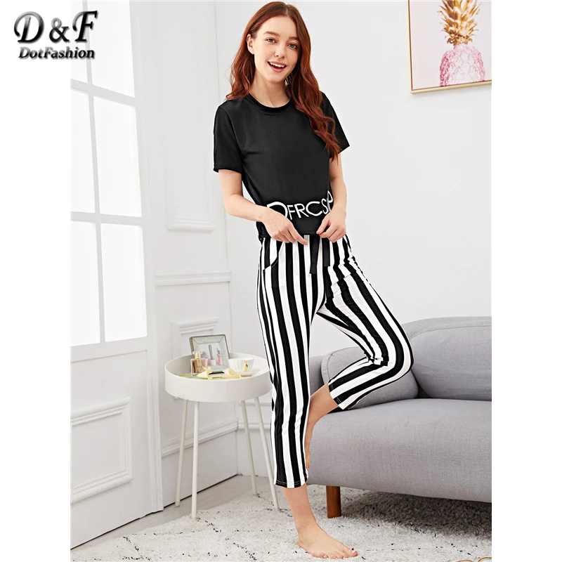 

Dotfashion Black Knot Letter Print Top With Striped Pants PJ Set Women Autumn Clothing 2019 Casual Nightwear Summer Pajama Sets