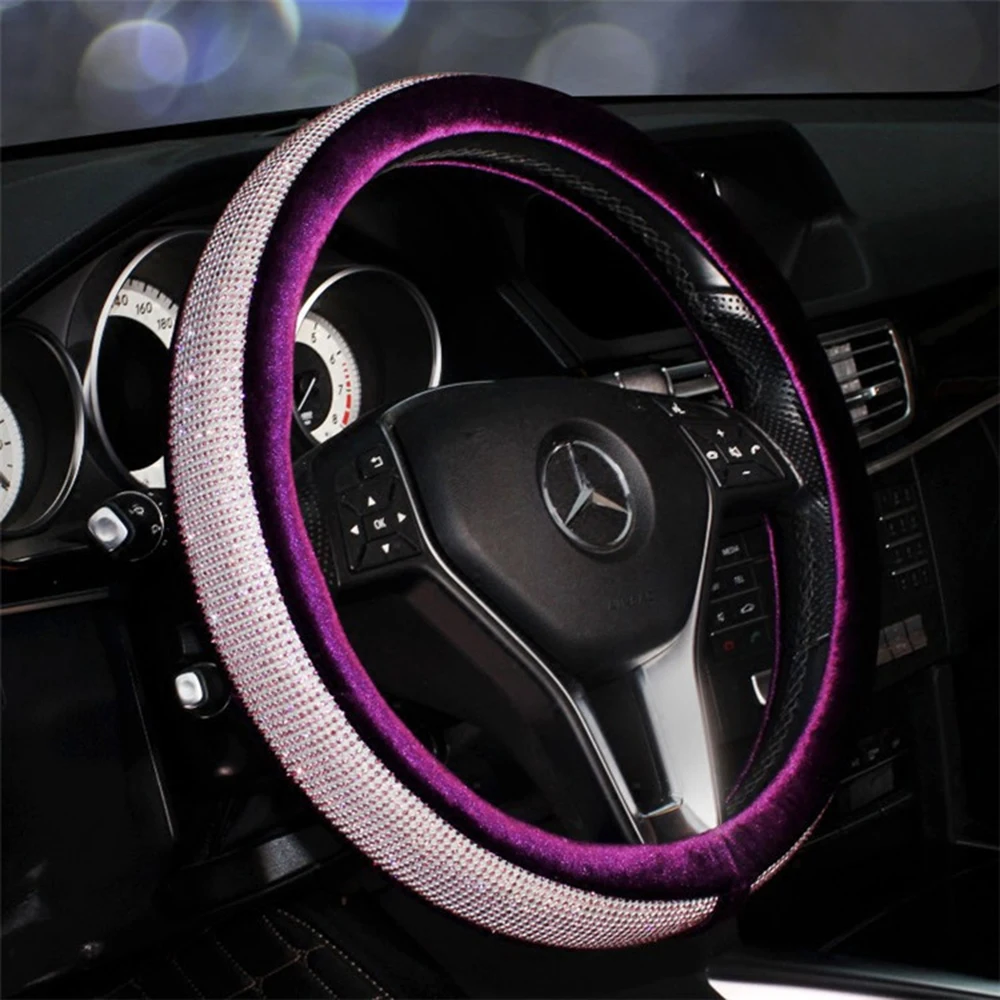Автомобильная Алмазная крышка рулевого колеса, автомобильная шикарная бархатная Нескользящая подушка для колес, доступно для 15 дюймов(черный - Название цвета: Фиолетовый