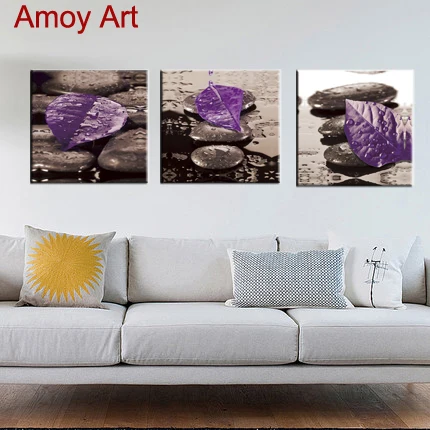 

3 pieces canvas wall art canvas painting Rainy drop purple leaf stones landscape wall Pictures for living room HD print Unframed
