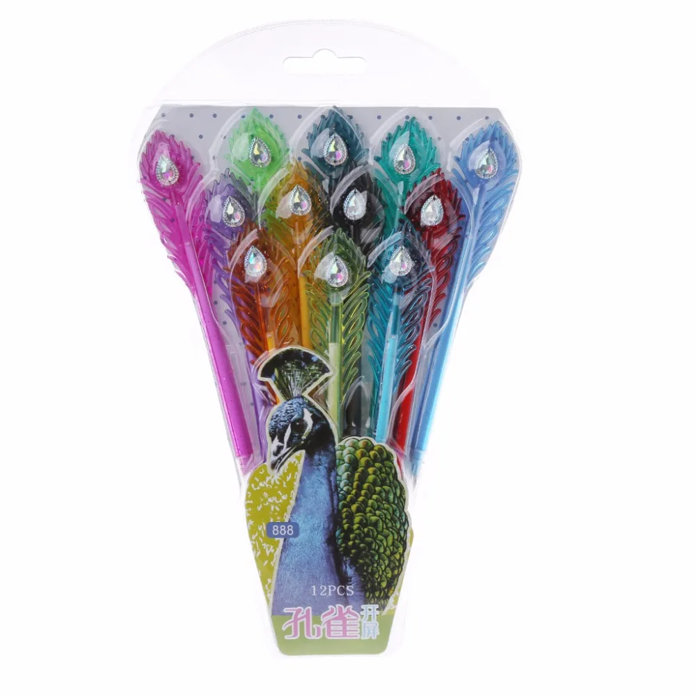 

12Pcs Colorful Peacock Feather Shape Gel Ink Pen Refills Stationery School Gift