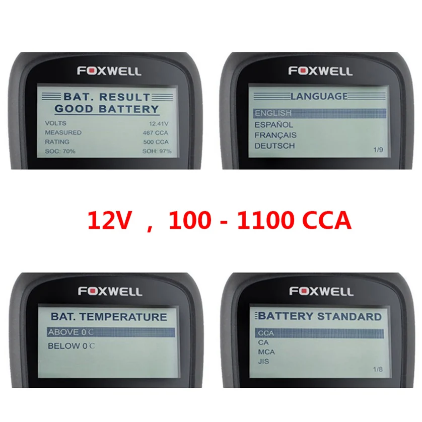 FOXWELL BT100 PRO 12V Car Battery Tester For Flooded AGM GEL Cell 100 - 1100 CCA 30 to 110 AH 12 V Volt Automotive Analyzer Tool