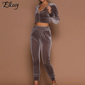 

Ellacey New Autumn Winter Velvet Tracksuit for Women Casual Two Piece Set Crop Top and Trousers 2 Piece Set Fashion Women's Suit