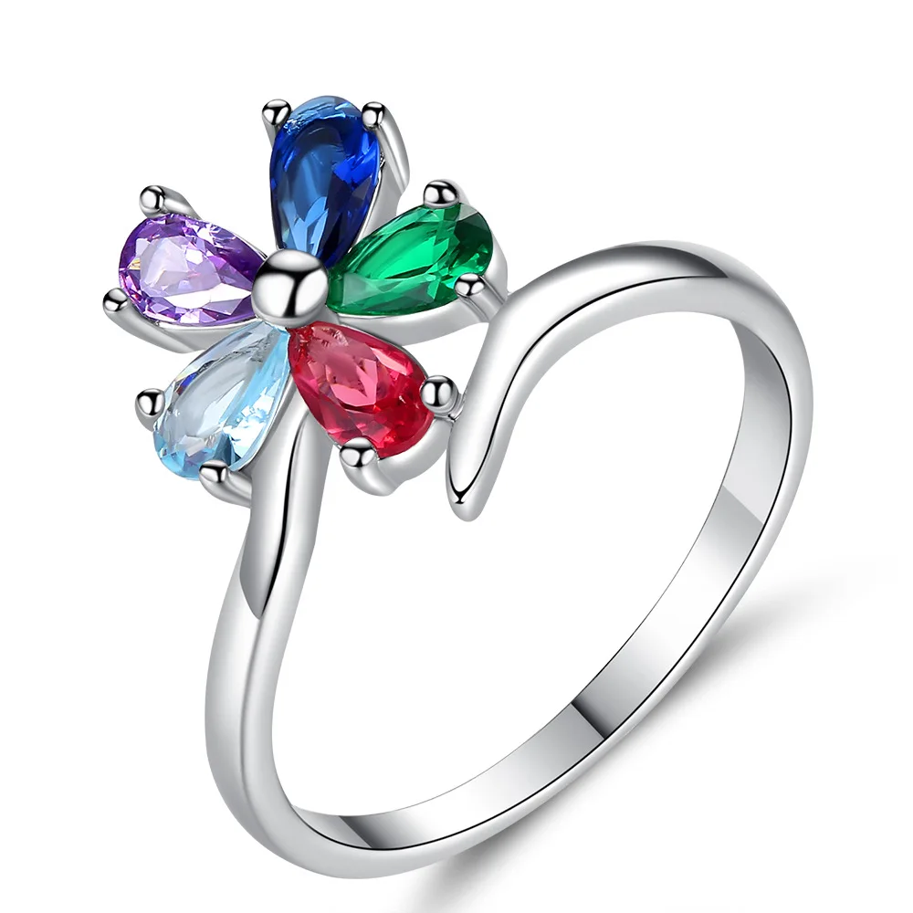 

Hainon Mutilcolor Zircon Flower Finger Wedding Rings for Women Silver Color Zircon Size 6-9 Ring Glamour Jewelry Girl Gifts