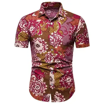 

Linen Shirts Men Camisa Floral Male Shirts Flower Stitching Short-sleeved Casual Blouse Men Hawaiian Men's Clothes