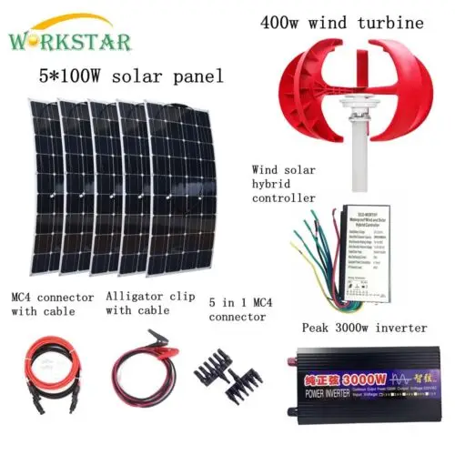 

Off Grid Complete 900W Wind Solar Hybrid System 400W Wind Generator 5*100W Solar Panel 3KW Inverter and installation Accessorie