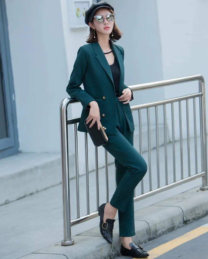 Новый Для женщин костюм 2018 модные тонкие Бизнес Офис ПР темно-зеленая куртка комплект деловой блейзер + Брюки для девочек костюм feminino