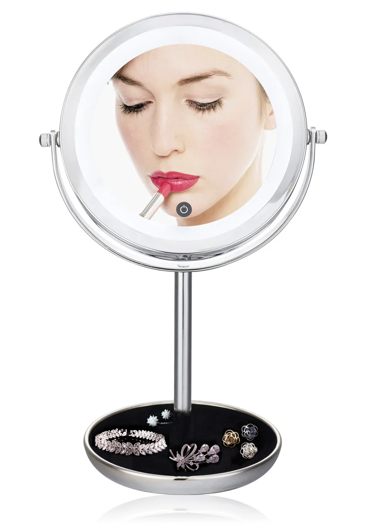 

7inch LED 2-Face metal 360 degree Rotating Cosmetic Mirror, desktop makeup 5X Magnifier Mirror with storage box