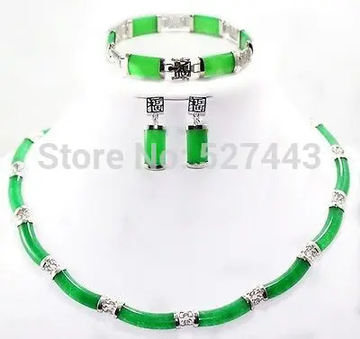 

FREE SHIPPING>>@> Wholesale JWEW6560 Beautiful AAA natural green jade silver necklace bracelet earring Jewellery set Natural jew