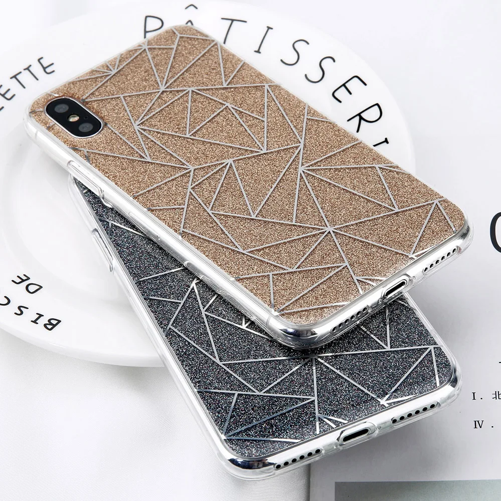 Phone - Glitter Bling Powder Phone Case For iPhone X Geometric Lines Hard PC Back Cover Cases For iPhone 8 7 6 6s Plus 5 5s SE