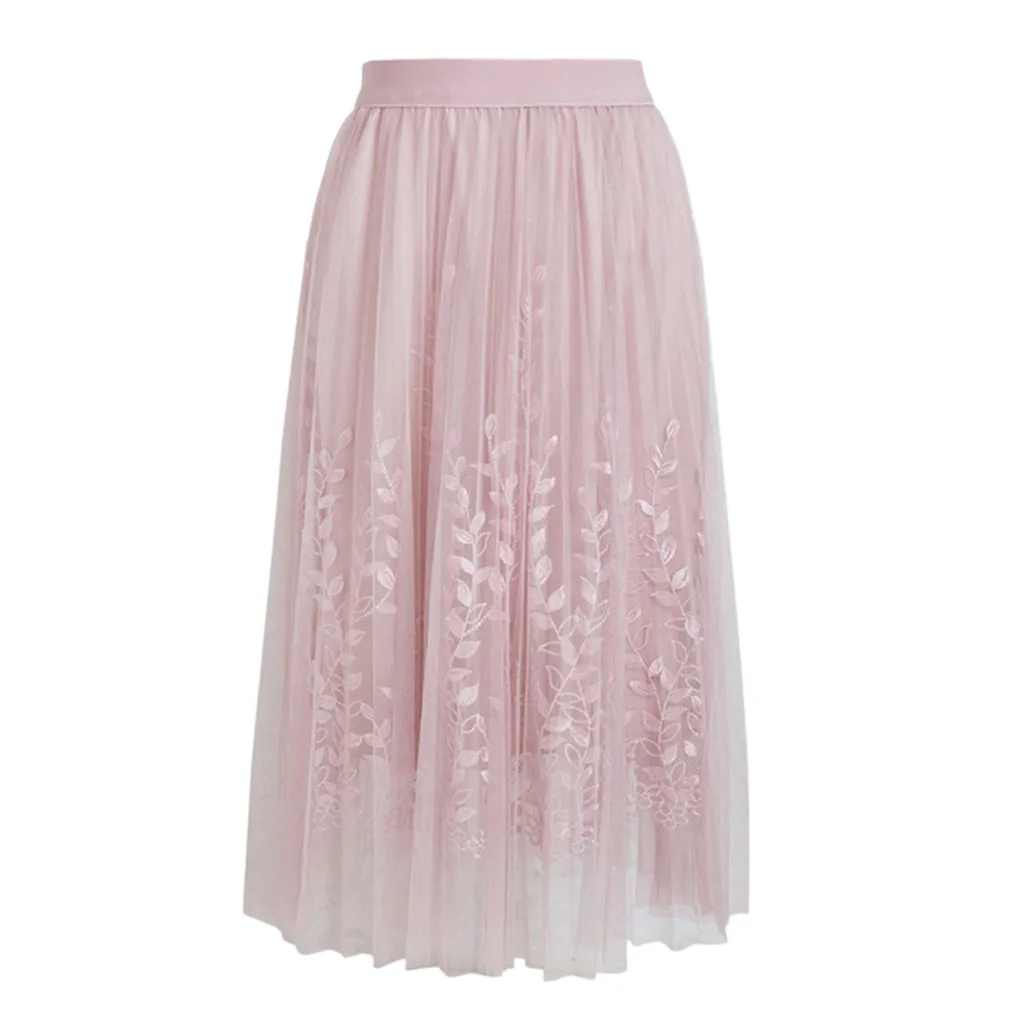 Womail тюль юбки летние модные женские миди плиссированная юбка корейская эластичная вышивка с высокой талией Лист Юбка M523
