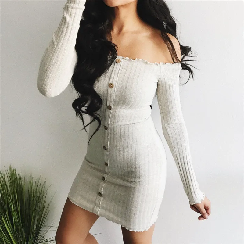 

Trendy Women dress Long Sleeve solid Button Off Shoulder Evening casual Party cotton Bodycon Mini Dresses one pieces