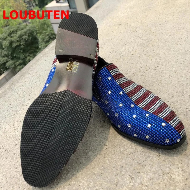 LOUBUTEN Luxury Mixed-color Rhinestone Loafers Men Suede Leather Shoes Handmade Slip On Men's Prom And Wedding Shoes