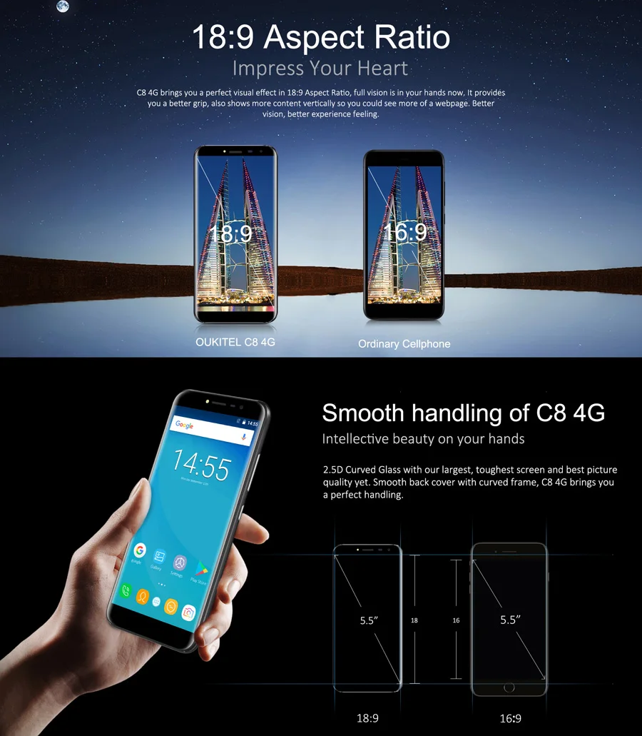 Oukitel C8 4G LTE мобильный телефон 5," HD 18:9 дисплей Бесконечность Android 7,0 2 Гб ОЗУ 16 Гб ПЗУ MTK6737 четырехъядерный отпечаток пальца 13 МП