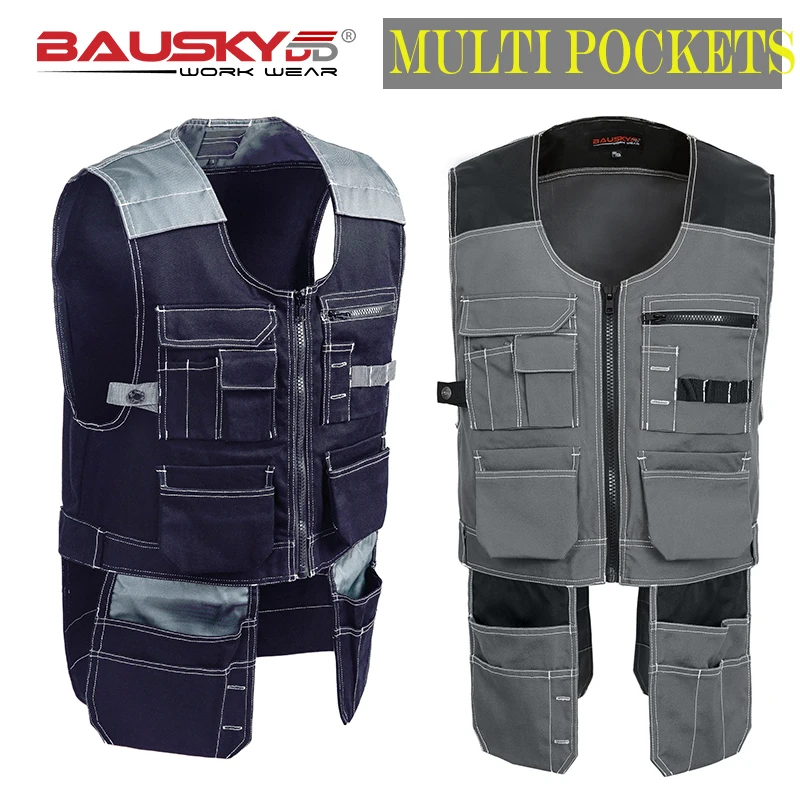 Polyester Cotton Multi pocket Work Vest Mens Workwear Waistcoat For