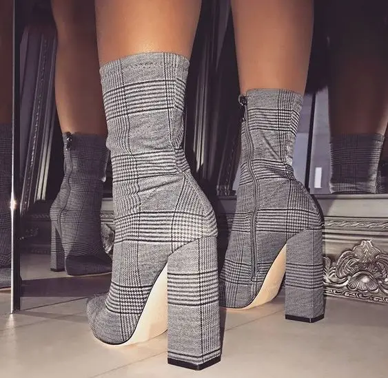 

Print Sexy Ankle Boots For Women Shoes Pointed Toe Thick Plaid High Heels Bootas Mujer Femme Zipper Chelsea Boots Size 35-42