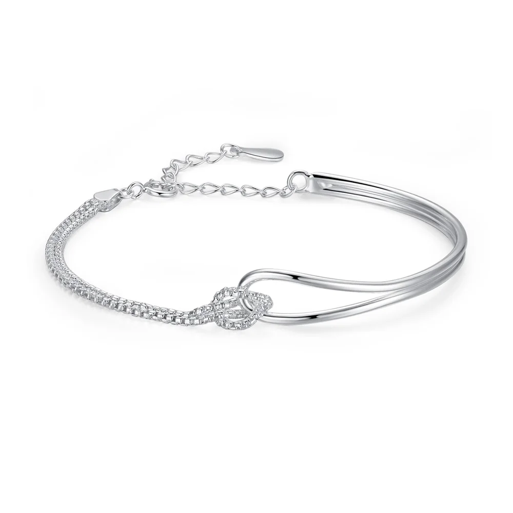 

Fashion CZ Knot Solid 925 Sterling Silver Adjustable Double Chain Bracelet
