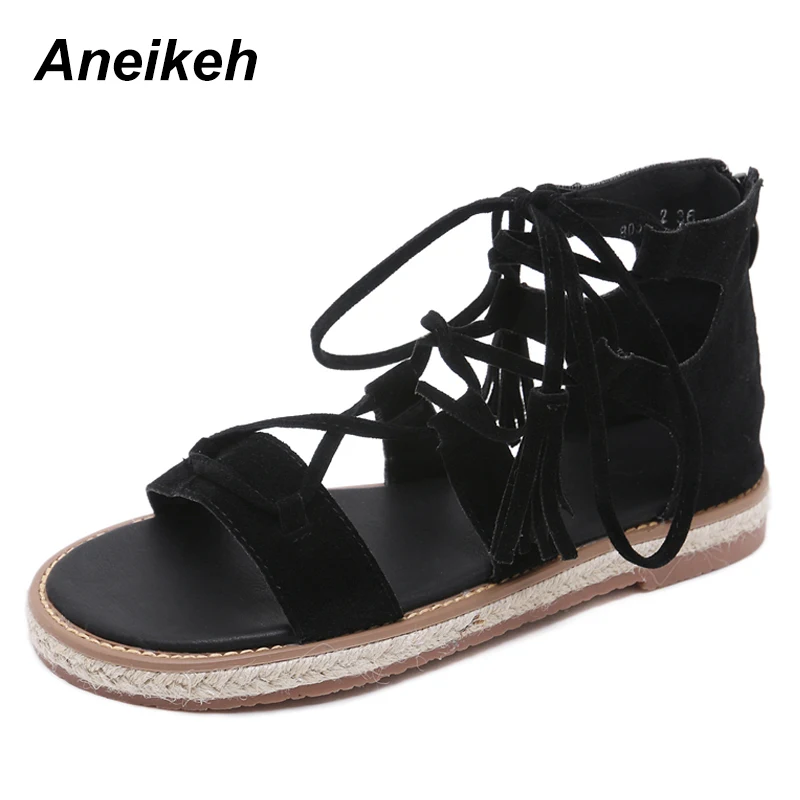 

Aneikeh 2019 Summer Flock Sandals Gladiator Fringe Sexy Flat With Heels Shoes Woman Casual Lace-Up Sandals Lady Shoes Size 35-41
