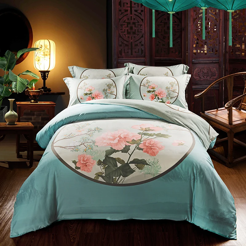 

Oriental Style Chinese Traditional Auspicious Pattern Bedding Set Queen King Size Cotton Printed Bed Sheets Duvet Cover Set