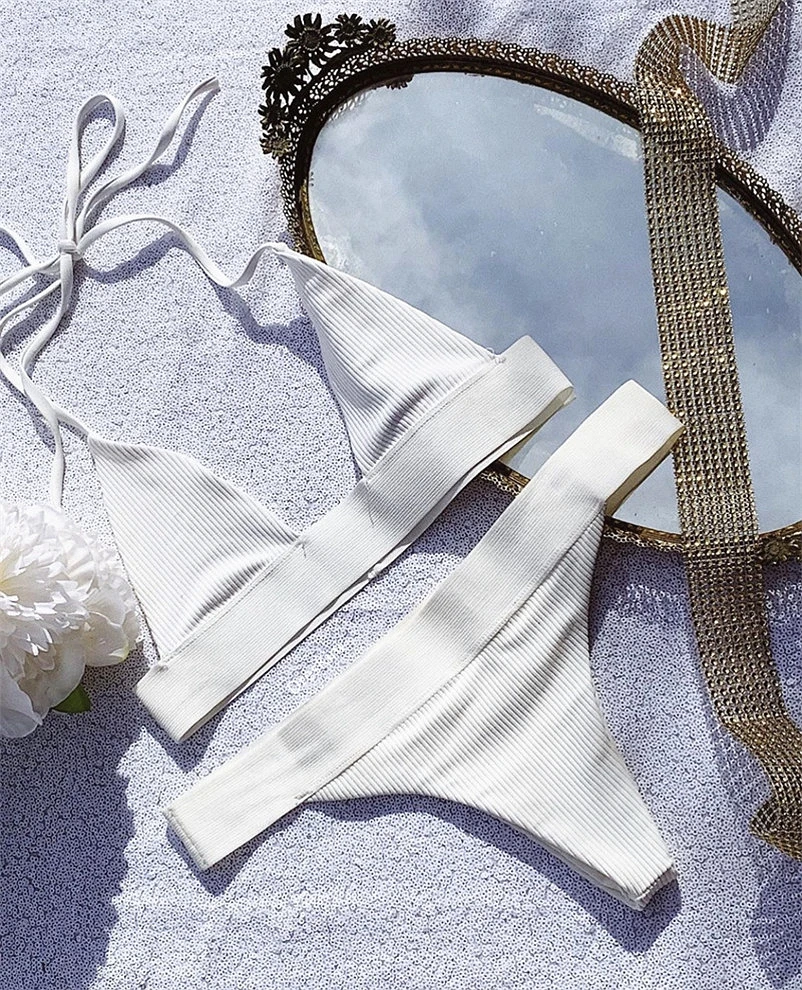 

MESTER CHEN 2019 New Swimwear Women Swimsuit White Bikini Two Piece Bathing Suit Female Beachwear Bandage Halter