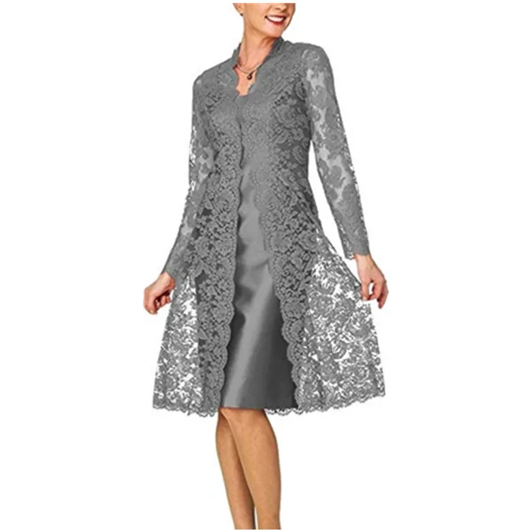 

2Pcs Spring Women's Long Sleeve Lace Dress Casual Elegant Ladies Black Red Party Dress Vestido