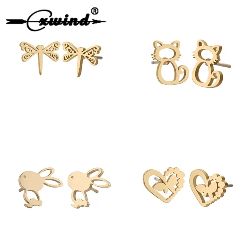 

Cxwind Fashion Dragonfly Cat Rabbit Heart Earrings Stainless Steel Animal Stud Earring for Women Girl Ear Jewelry Girl Gift