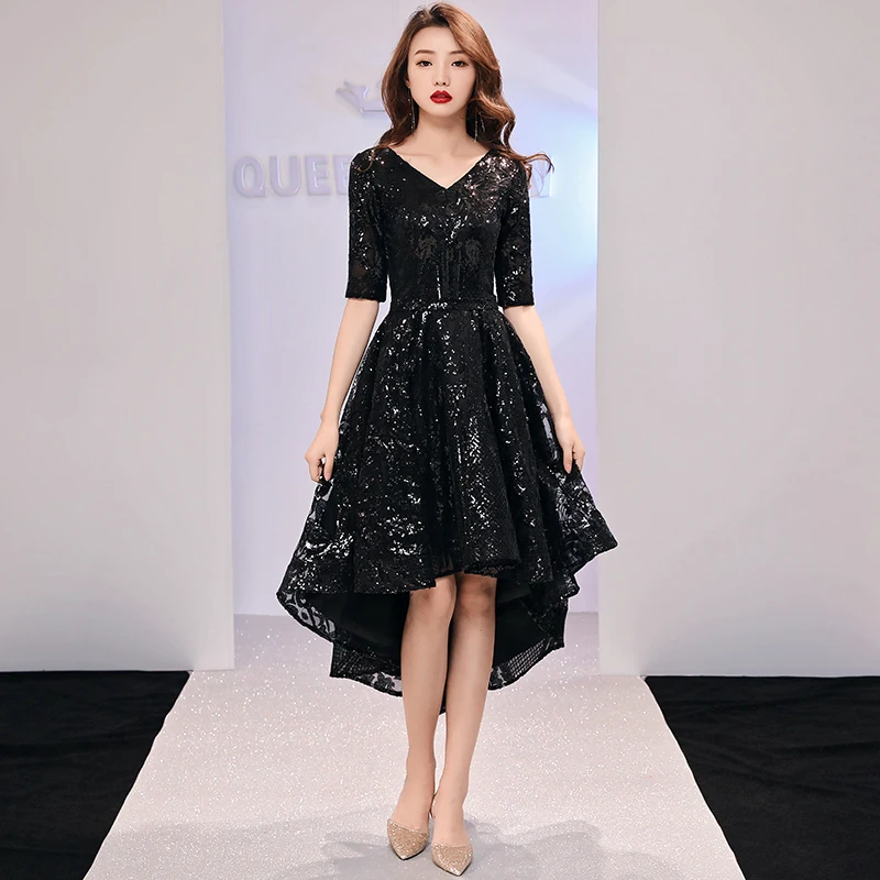

Sexy Black Evening Gowns Sequined Deep V-neck Half Sleeve Short Front Long Back Fashion Elegant Lace Women Party Dress G556