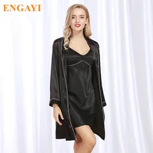 New Spring Women Night Dress 2 Pcs Robes Bathrobes Longue Femme Robe Set Silk Satin Nightgown Nightdress Night Gown WP317