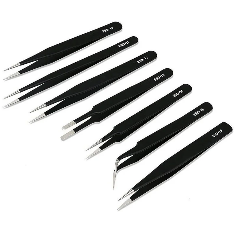 

1pc Black Anti-static Stainless Steel Electronic Components Tweezers Resists Corrosion For Repair