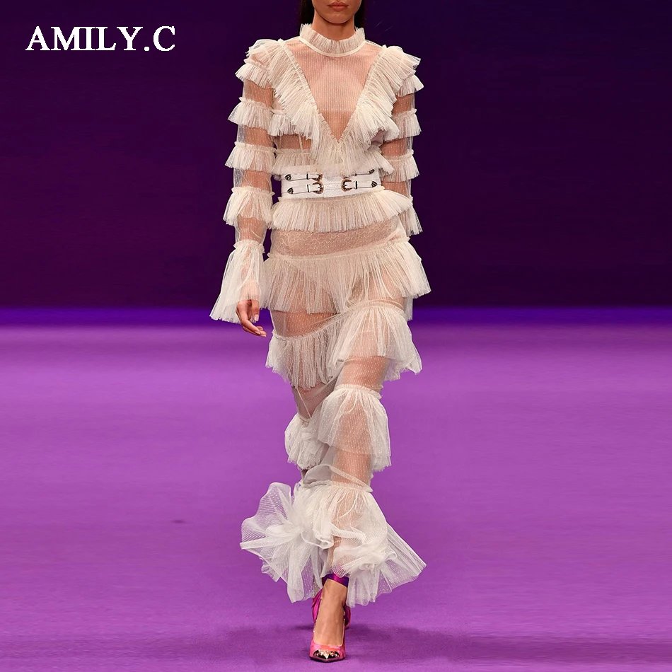 Amily. c модное элегантное женское платье с маленьким отверстием, с белой сеткой, кружевная футболка с длинными рукавами с оборками длинное платье новые осенние Соблазнительные, элитные, выходные платье
