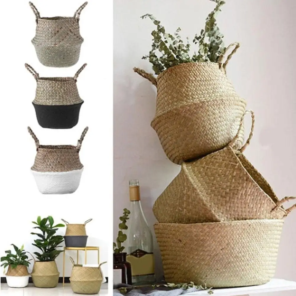 

None Hand-Woven Basket Foldable Storage Basket with Handle Organizer for Dirty Clothes Fruit Flowers