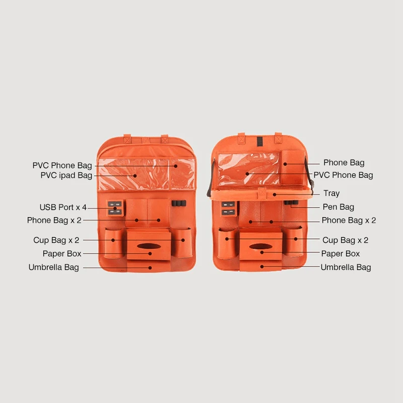 Car Backseat Organizer with Dining Table PU Leather PVC Transparent Bag Auto Back Seat Pocket Storage Bag Tray with 4 USB Ports (6)