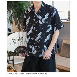 Sinicism Store мужские повседневные рубашки с принтом журавлей 2019 мужская Тонкая рубашка с подставкой оверсайз Летняя мужская короткая одежда в