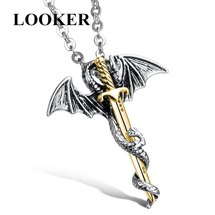 

LOOKER Punk Dragon & Sword Men Pendant Necklace Cool Stainless Steel Men Jewelry Link Chain Charm Accessory Collar Hombre