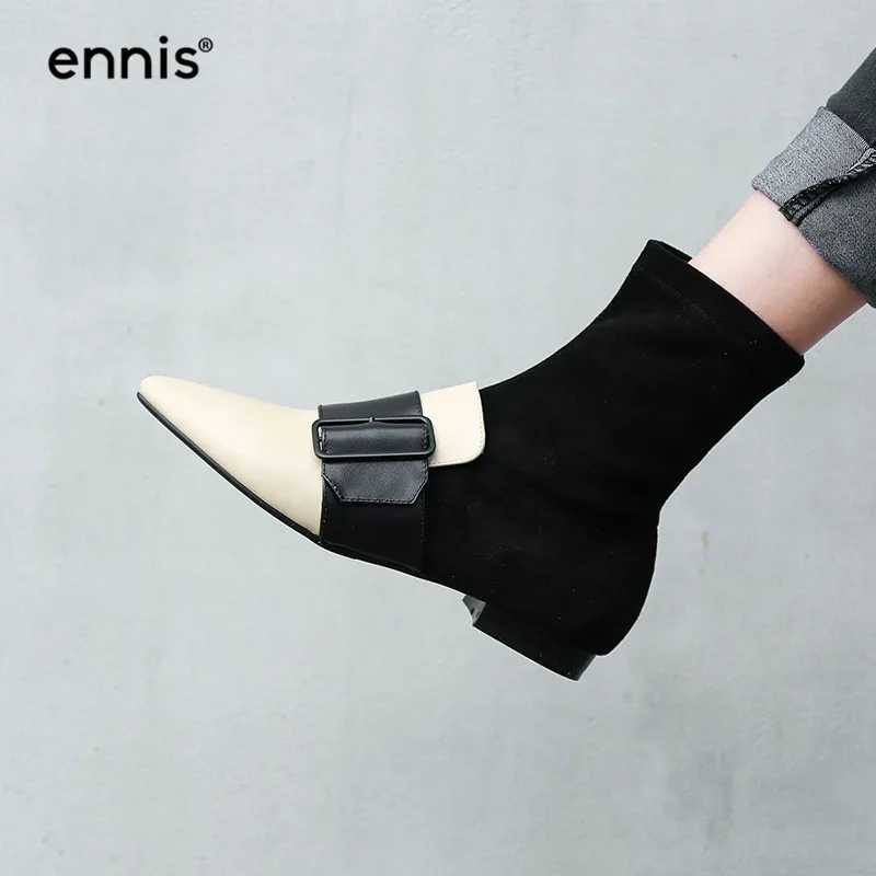 ENNIS 2018 Ladies Flat Ankle Boots Genuine Leather Women Boots Pointed