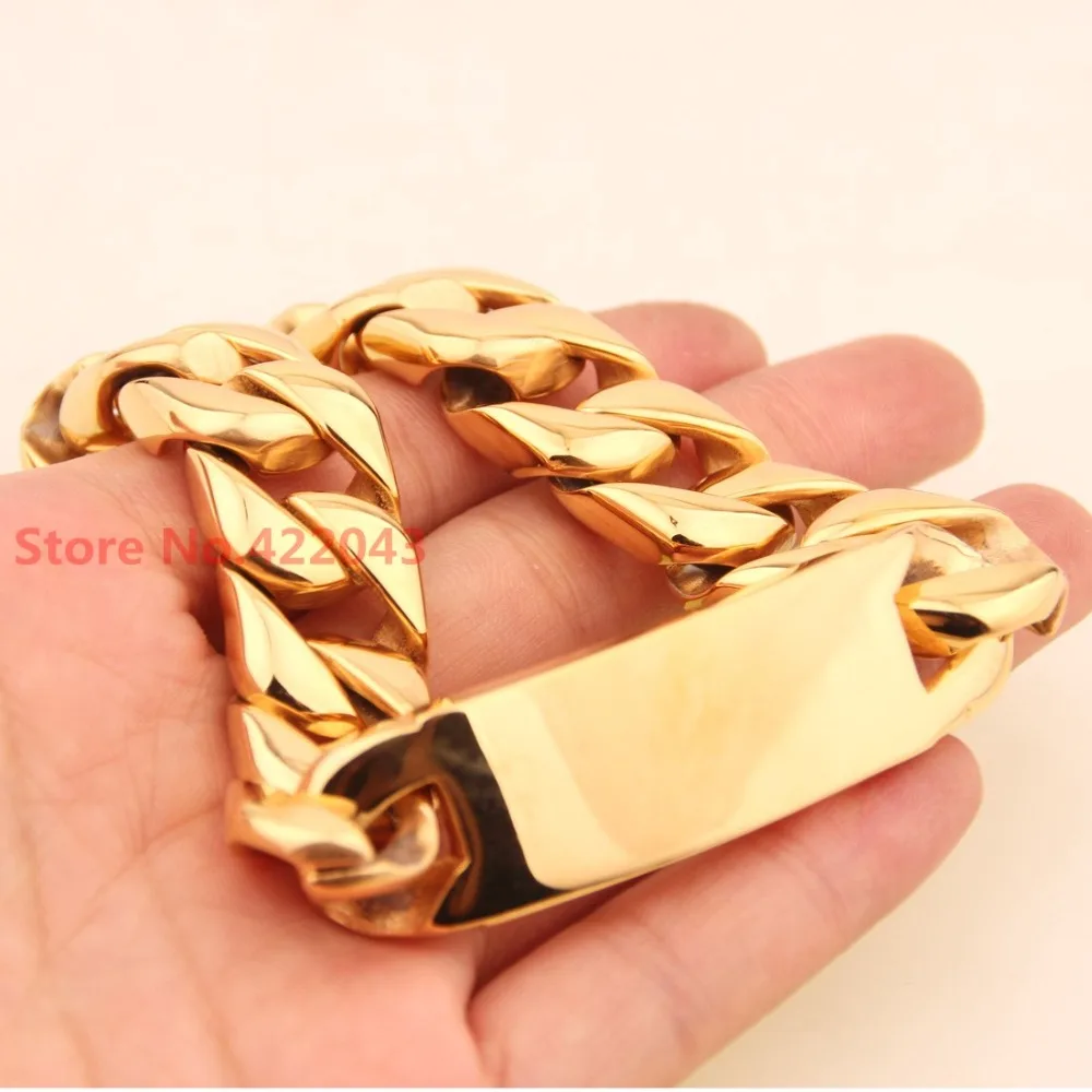 

Charming 1PC Stainless Steel ID Bracelet Yellow Gold Cuban Curb Chain 8.66" Bracelets16mm Blank Punk Men's Heavy Bangles