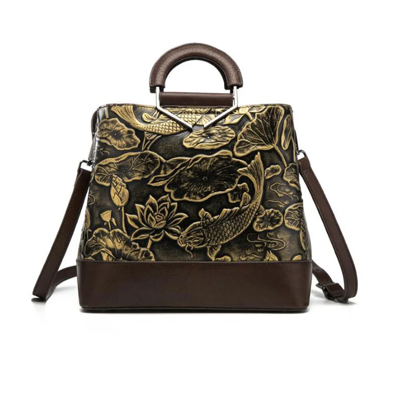 Сумки из натуральной кожи, винтажная женская сумка, цветная тисненая сумка на плечо с рисунком лотоса и рыбы, сумка в китайском стиле, сумка-тоут - Цвет: Brown04