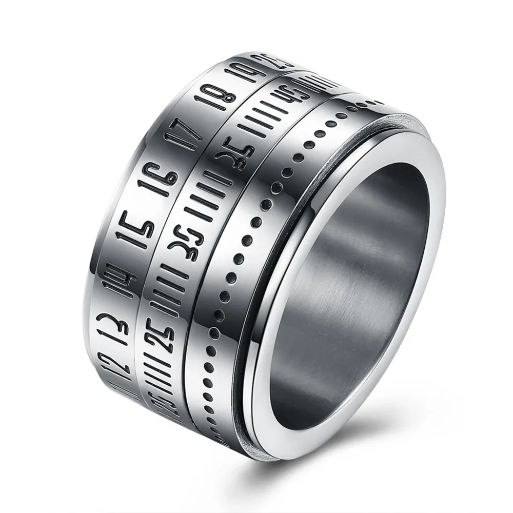 Punk Silver Men Ring 316L Stainless Steel Rotating Roman Numerals
