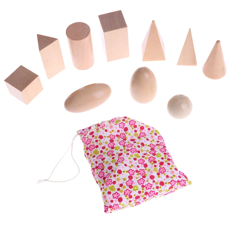 Wooden Geometric Solids 3-D Shapes Montessori Learning Education Math Toys Resources for School Home